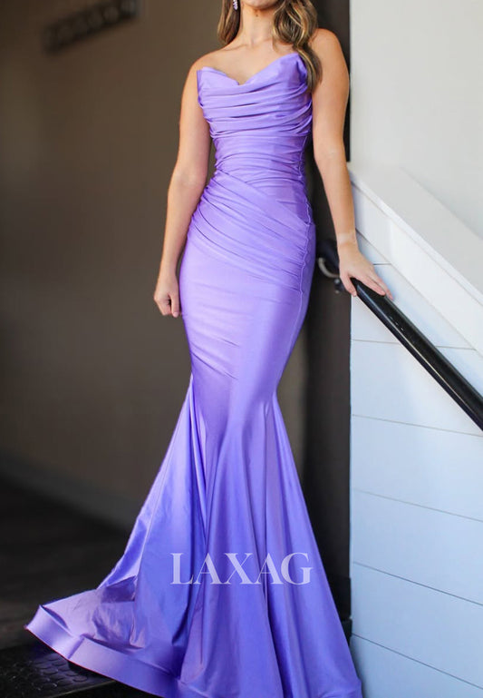V-Neck Pleated Satin Trumpet Mermaid Prom Dress Off-Shoulder Sleeveless Floor-Length Formal Gowns