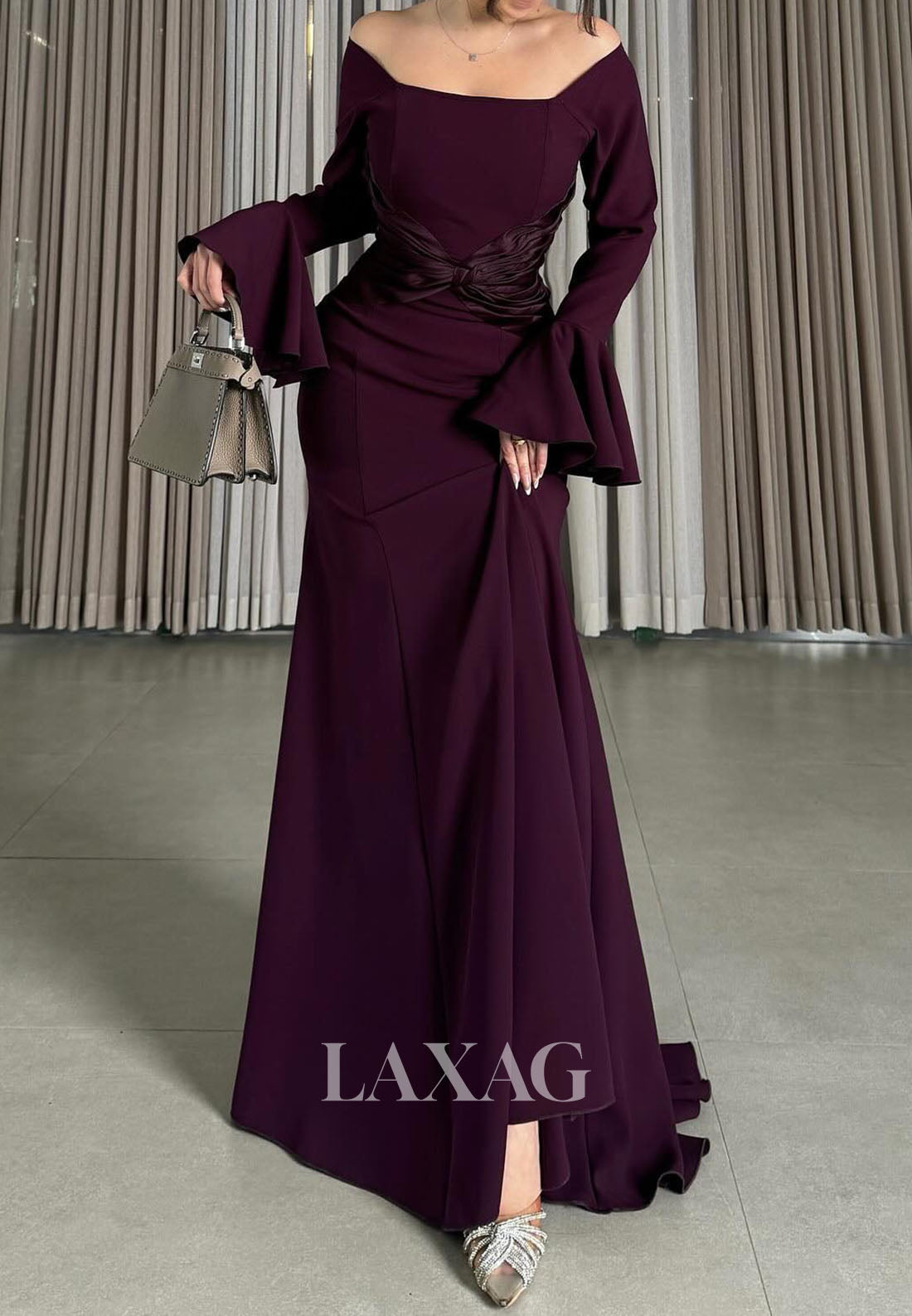 Bateau-Neck Off-Shoulder Long-Bell-Sleeves Pleated Satin Mermaid Formal Evening Dress