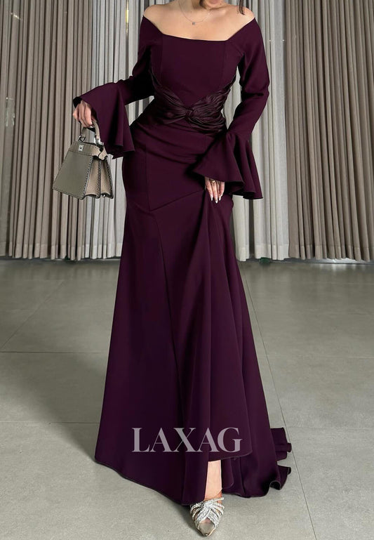 Bateau-Neck Off-Shoulder Long-Bell-Sleeves Pleated Satin Mermaid Formal Evening Dress