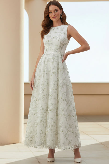 Scoop-Neck Sleeveless Ankle-Length Jacquard Satin Pleated Mother of the Bride Dress