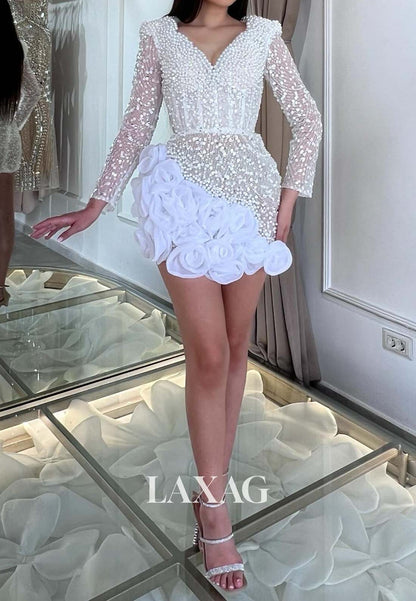 V-Neck Long-Sleeves Pleated Floral Embellished Fully Pearls Mermaid Homecoming Dress