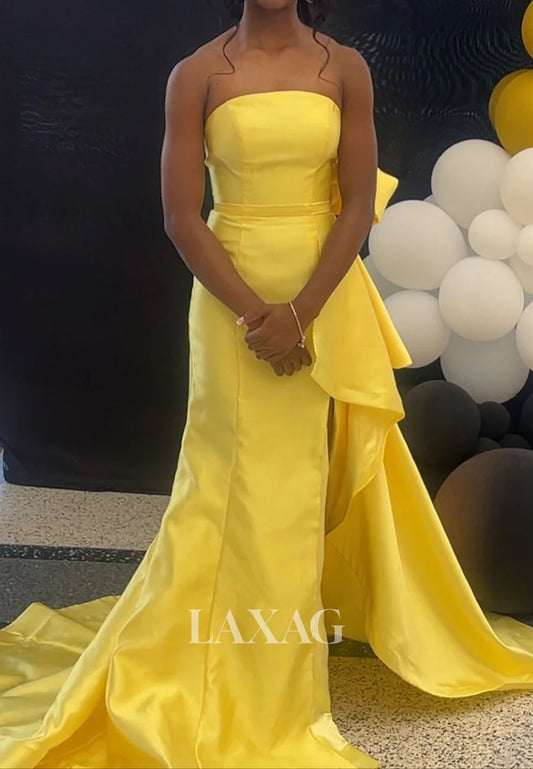 Tube Top Pleated Satin Simple Party Gowns Off-Shoulder Sleeveless Mermaid Prom Dress with Train