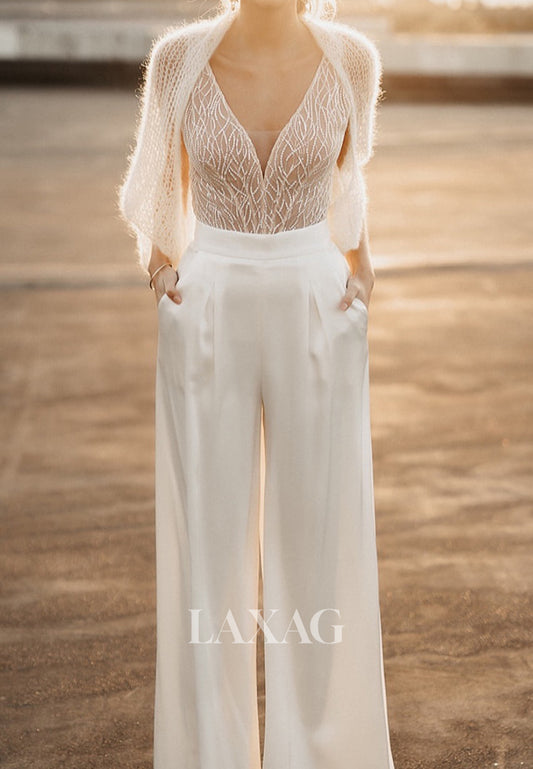 Deep V-Neck Sleeveless Sequined Beaded Tulle&Satin Sheer Floor-Length Wedding Jumpsuit