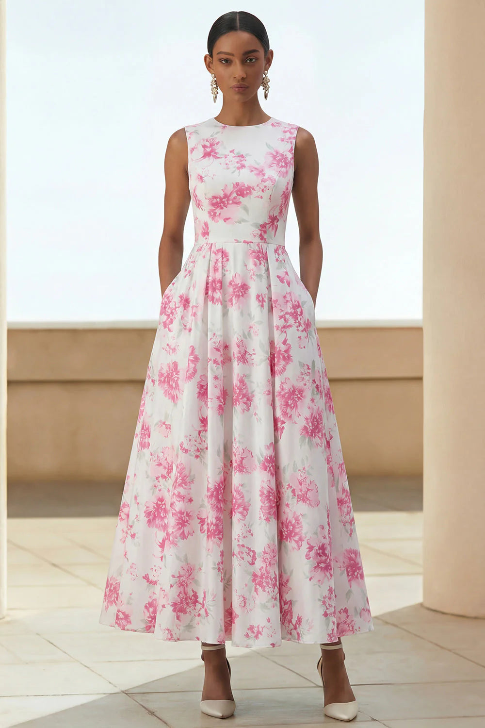 Scoop-Neck Sleeveless Ankle-Length Jacquard Satin Pleated Mother of the Bride Dress
