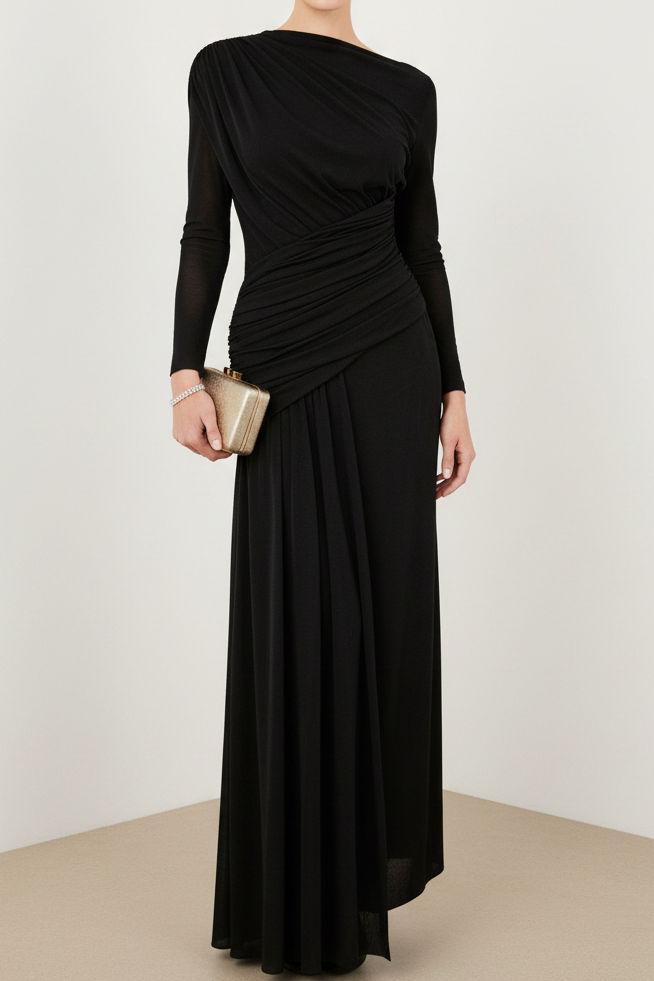 Asymmetrical-Neck Long-Sleeves Satin Pleated Floor-Length Fitted Mother of the Bride Dress