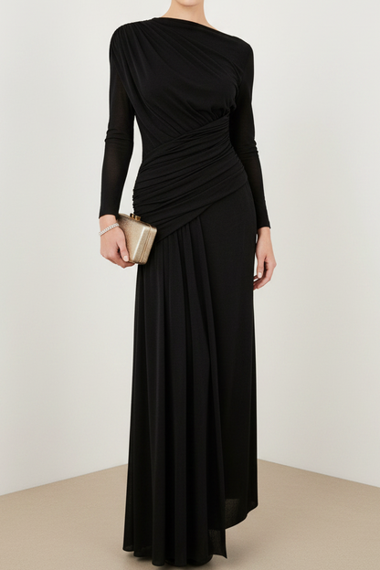 Asymmetrical-Neck Long-Sleeves Satin Pleated Floor-Length Fitted Mother of the Bride Dress