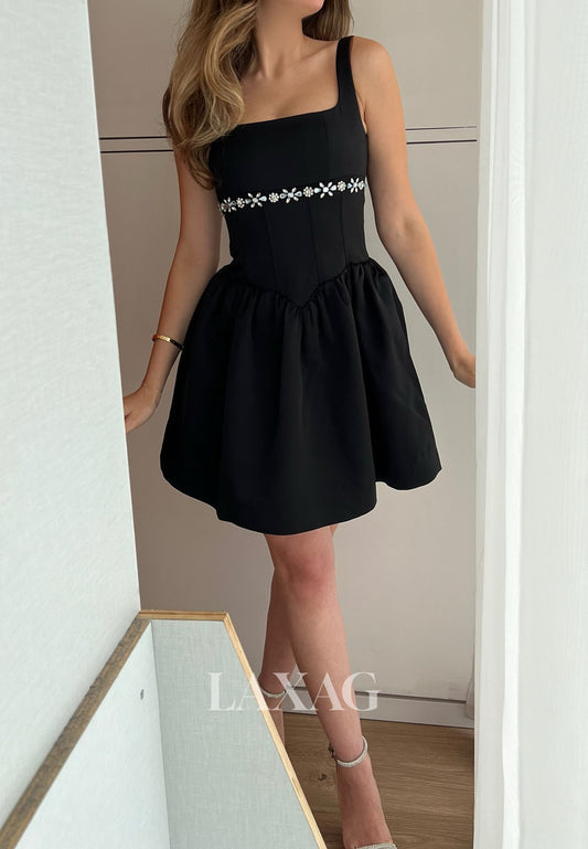 Square-Neck Straps Sleeveless Rhinestone Pleated Satin Simple A-Line Party Homecoming Dress