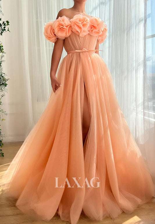 Tube Top Floral Embellished Party Gowns Off-Shoulder Sleeveless Pleated Tulle A-Line Prom Dress