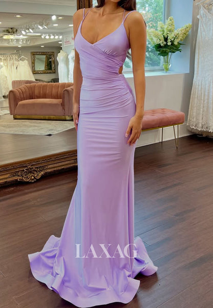 V-Neck Spaghetti Straps Mermaid Prom Dress Sleeveless Plearted Satin Formal Gowns