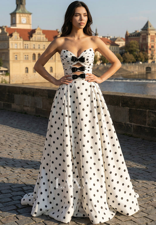 Sweetheart Off-Shoulder Sleeveless Polka Dot Satin Pleated Cutout A-Line Prom Dress with Bows
