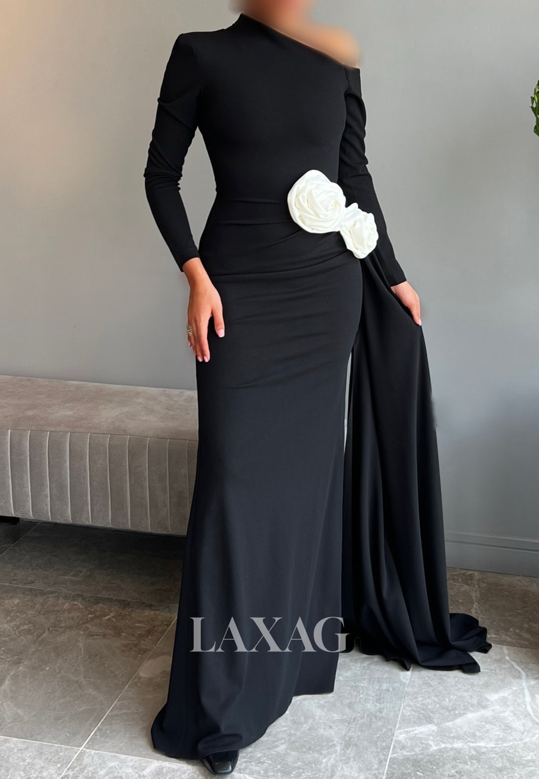 Asymmetrical-Neck Long-Sleeves 3D-Floral Satin Pleated Floor-Length Mermaid Evening Dress