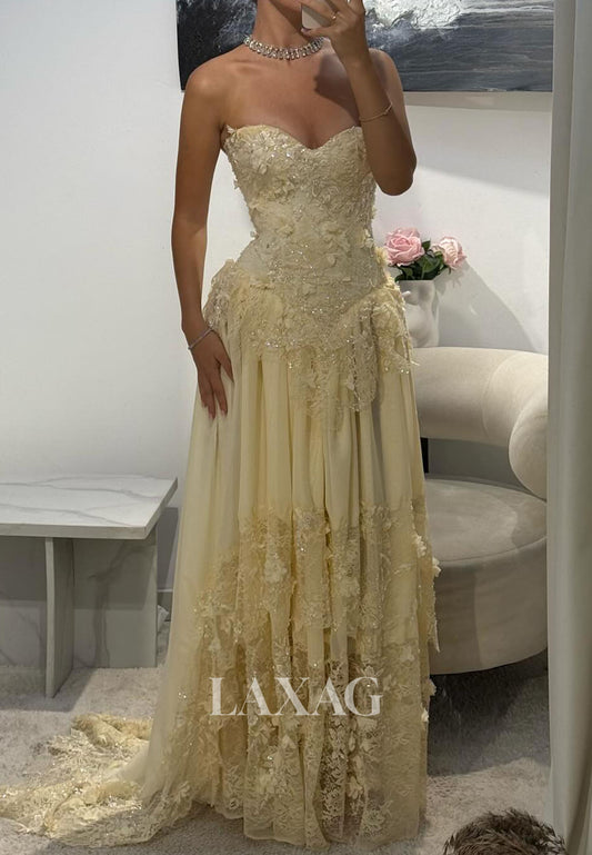 Sweetheart Off-Shoulder Satin A-Line Prom Dress Sleeveless Sequined Lace Applique Party Gowns