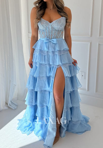 V-Neck Sleeveless Chiffon&Lace Pleated A-Line Prom Dress Off-Shoulder Beaded Tiered Party Gowns