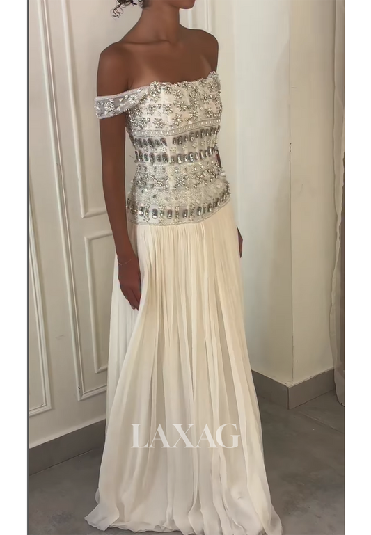 Bateau-Neck Sleeveless Rhinestone Beaded Party Gowns Floor-Length Chiffon Pleated A-Line Prom Dress