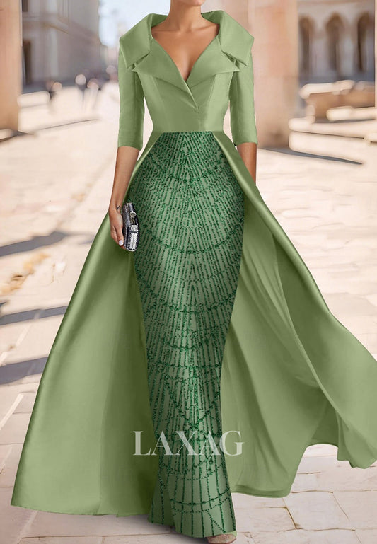 V-Neck Collared Half-Sleeves Sequined Beaded Satin Pleated Mermaid Mother of the Bride Dress