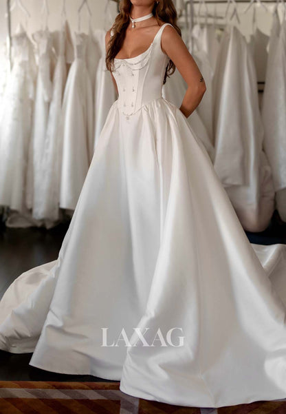 Scoop-Neck Straps Long A-Line Wedding Dress Sleeveless Beaded Pleated Satin Bride Gowns