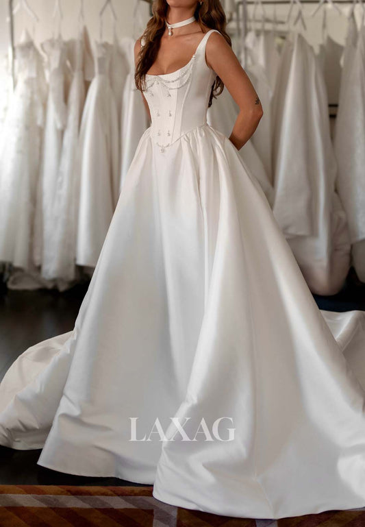Scoop-Neck Straps Long A-Line Wedding Dress Sleeveless Beaded Pleated Satin Bride Gowns