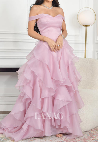 Off-Shoulder Tiered Chiffon A-Line Evening Dress Simple Sweetheart Sleeveless Formal Gowns