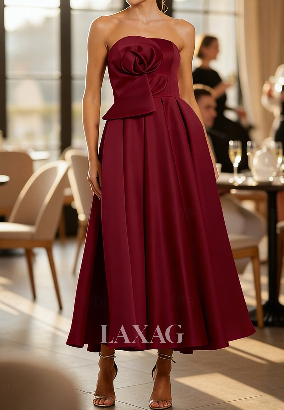 Tube Top Off-Shoulder Sleeveless Satin Pleated Tea-Length A-Line Mother of the Bride Dress