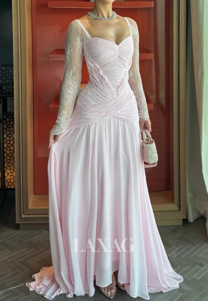 Sweetheart Long-Lace-Sleeves Chiffon Pleated Sheer Sweep Train A-Line Evening Dress