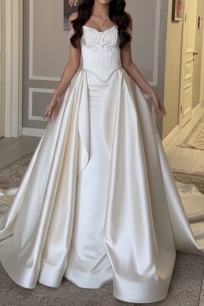 Sweetheart Sleeveless Beaded Sequined Satin Pleated A-Line Wedding Dress with Train