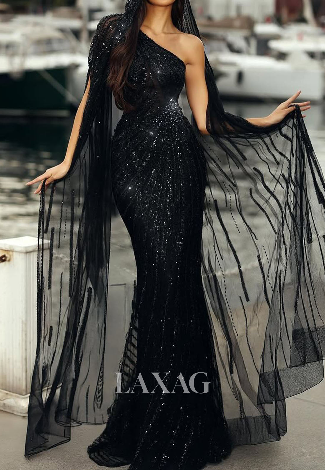Asymmetrical-Neck Sleeveless Party Dress Fully Sequined Beaded Mermaid Prom Dress with Overlay