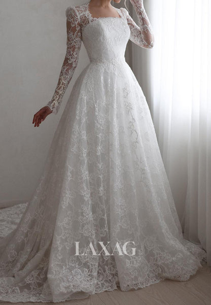 Square-Neck Long-Sleeves A-Line Wedding Dress Allover Lace Applique Pleated Sheer Bride Gowns