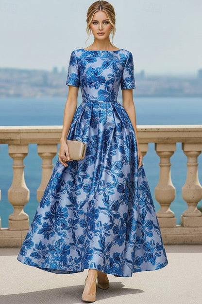 Scoop-Neck Short-Sleeves Jacquard Satin Pleated Ankle-Length A-Line Cocktail Dress