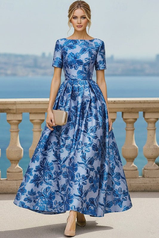 Scoop-Neck Short-Sleeves Jacquard Satin Pleated Ankle-Length A-Line Cocktail Dress