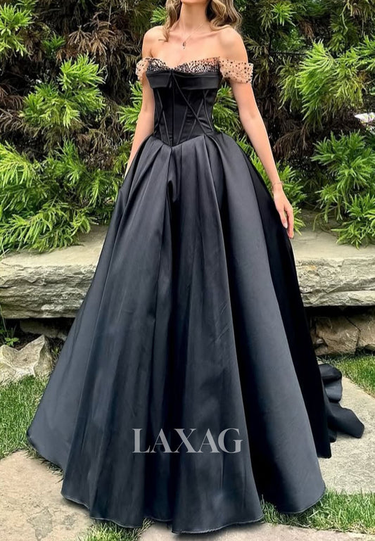 Bateau-Neck Beaded Satin Pleated Party Gowns Off-Shoulder Floor-Length A-Line Prom Dress