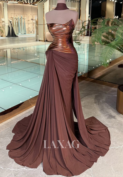 Asymmetrical-Neck Off-Shoulder Sleeveless Sweep Train Pleated Satin Mermaid Evening Dress