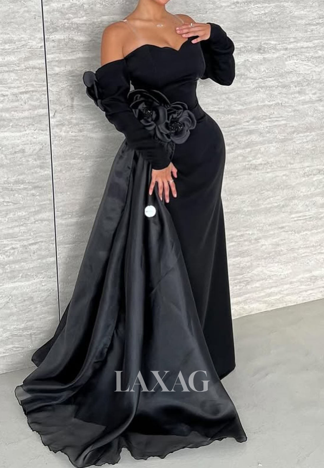 Sweetheart Long-Sleeves Mermaid Evening Dress Floral Embellished Floor-Length Formal Gowns