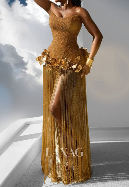 Off-Shoulder Scoop-Neck Fitted Prom Dress Sleeveless Fully Sequined Fringed Party Gowns