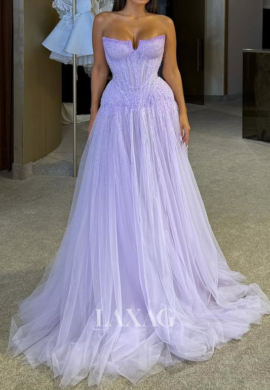 Bateau-Neck Off-Shoulder Sleeveless Sequined Beaded Pleated Tulle A-Line Party Prom Dress