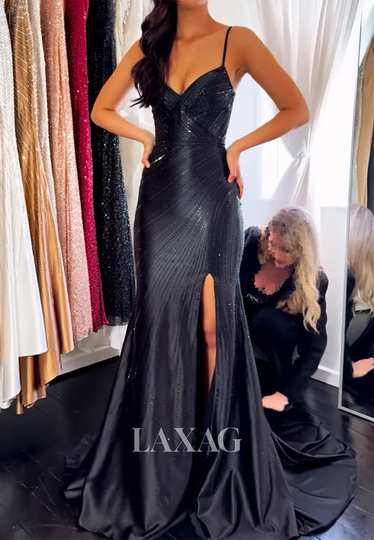 V-Neck Spaghetti Straps Sleeveless Fully Beaded Satin Slit Mermaid Prom Dress with Train