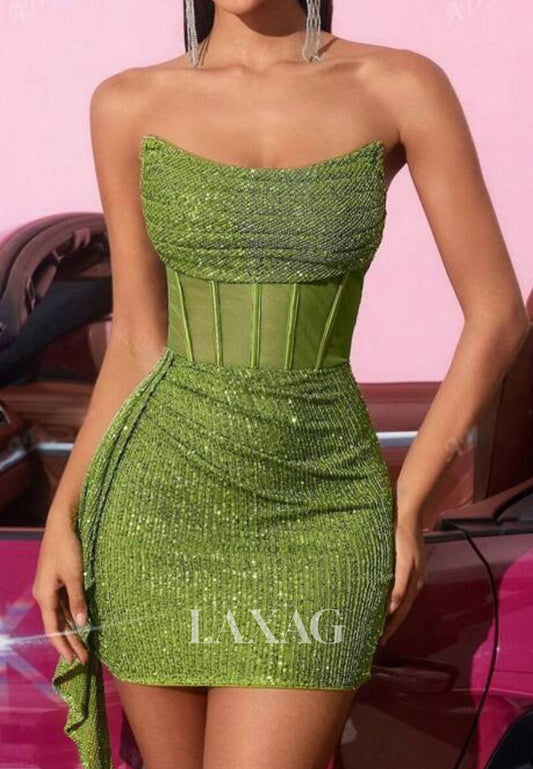 Scoop-Neck Off-Shoulder Sleeveless Pleated Fully Sequined Mermaid Party Homecoming Dress