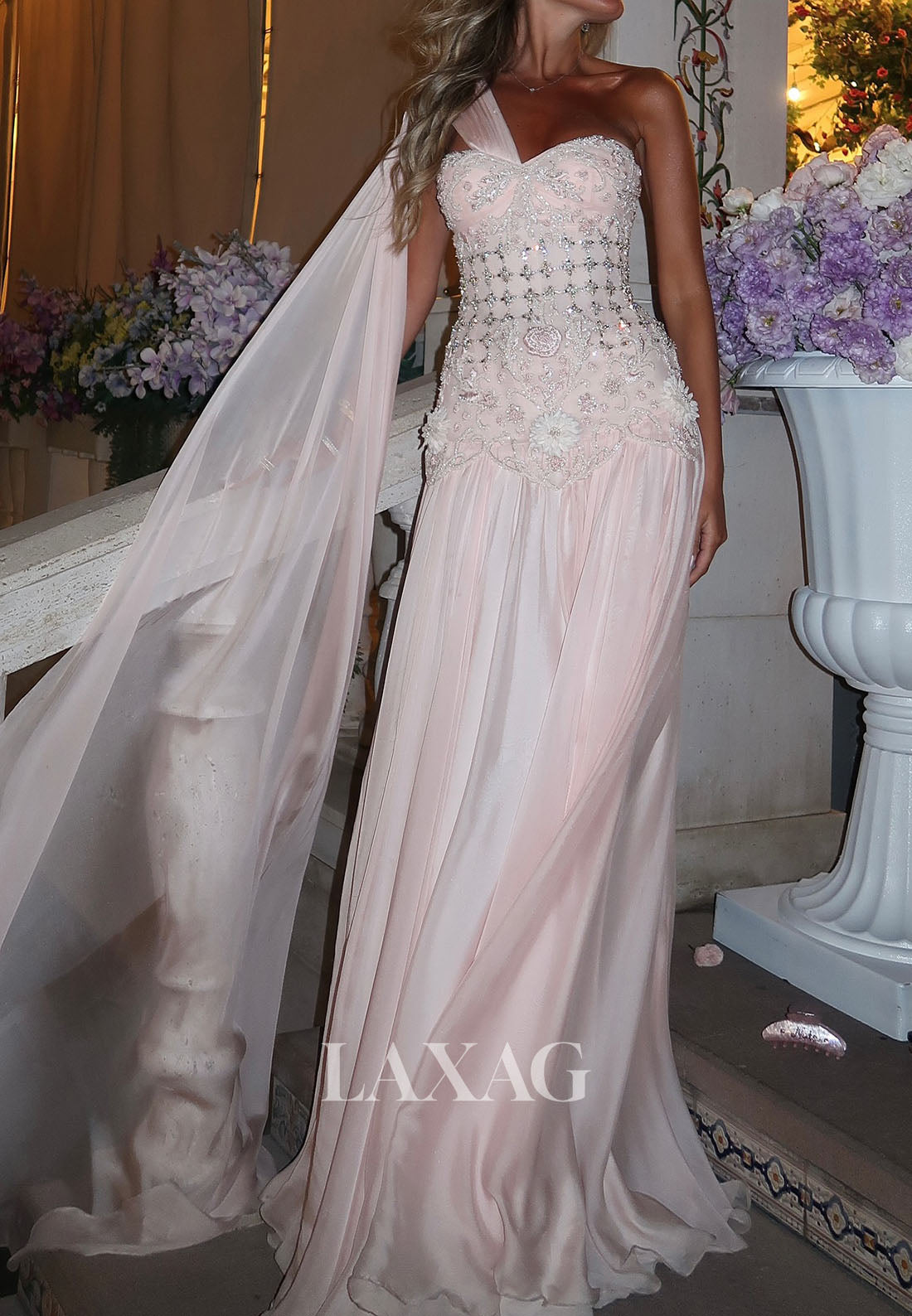 Off-Shoulder Sweetheart Mermaid Prom Dress Beaded Sequined Applique Pleated Chiffon Party Gowns