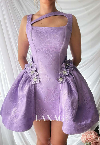 Asymmetrical-Neck Sleeveless Floral Appliqued Lace Applique Satin A-Line Homecoming Dress