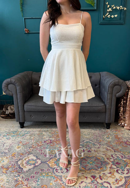 Bateau-Neck Spaghetti Straps Sleeveless Applique Chiffon Tiered A-Line Party Homecoming Dress