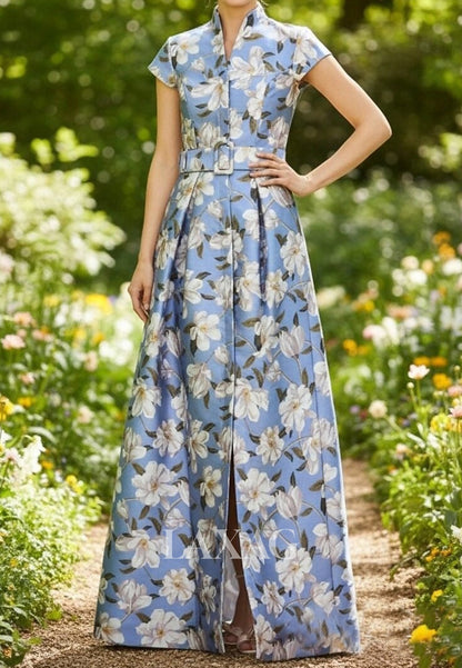 V-Neck Collared Cap-Sleeves Print-Satin Floor-Length A-Line Mother of the Bride Dress
