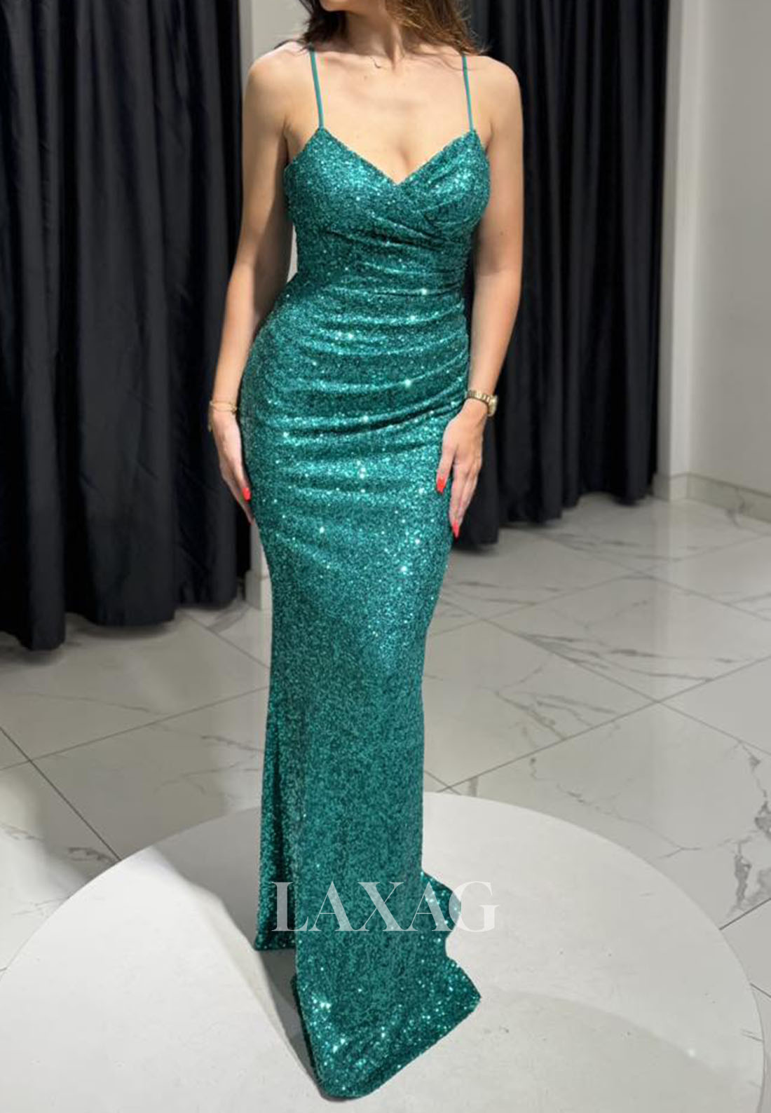 V-Neck Spaghetti Straps Slit Mermaid Prom Dress Sleeveless Fully Sequined Pleated Party Gowns