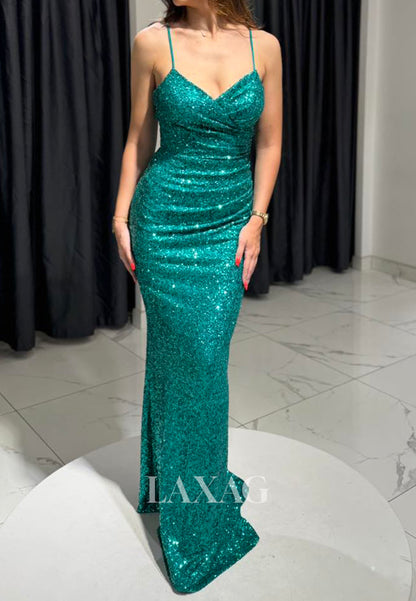 V-Neck Spaghetti Straps Slit Mermaid Prom Dress Sleeveless Fully Sequined Pleated Party Gowns