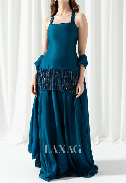 Square-Neck Straps Sleeveless Floor-Length Beaded Pleated Satin A-Line Evening Dress