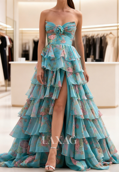 Sweetheart Sleeveless Slit A-Line Prom Dress Off-Shoulder Print-Chiffon Pleated Tiered Party Gowns