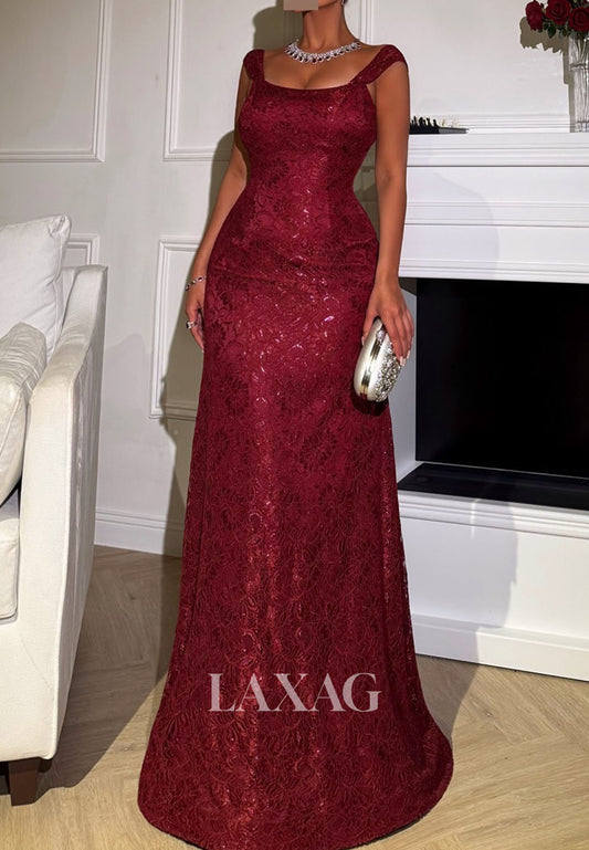 Scoop-Neck Floor-Length Mermaid Evening Dress Sleeveless Straps Allover Lace Formal Gowns