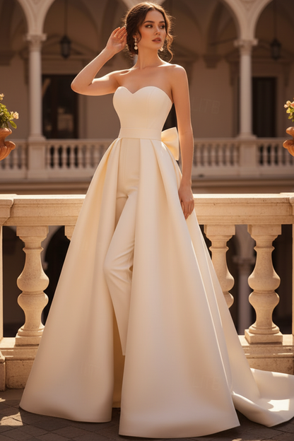 Sweetheart Sleeveless Satin Pleated Floor-Length A-Line Jumpsuit Evening Dress with Overskirt