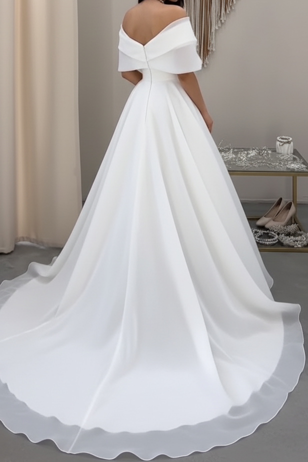 V-Neck Cap-Sleeves Chiffon Pleated Simple A-Line Wedding Dress with Train