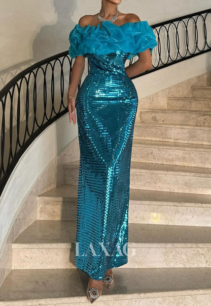 Off-Shoulder Fully Sequined Floor-Length Formal Gowns Bateau-Neck Pleated Chiffon Mermaid Evening Dress