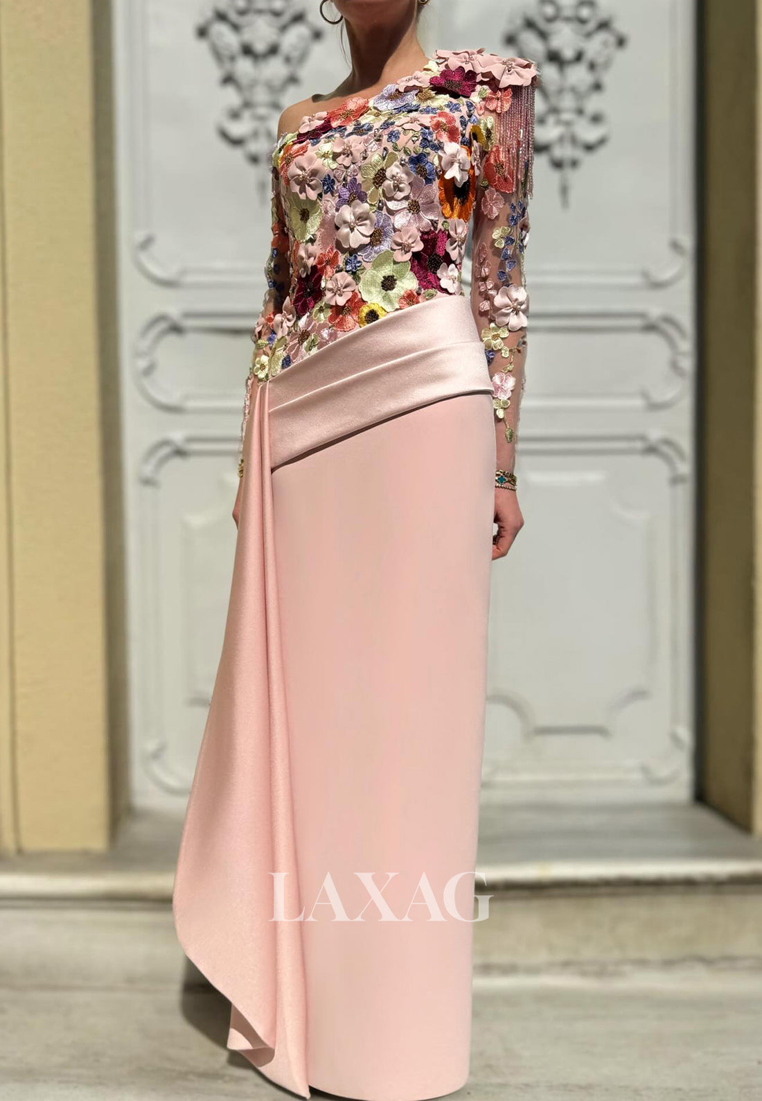 Asymmetrical-Neck Long-Sleeves Multi-Color 3D-Floral Applique Tulle&Satin Mermaid Evening Dress