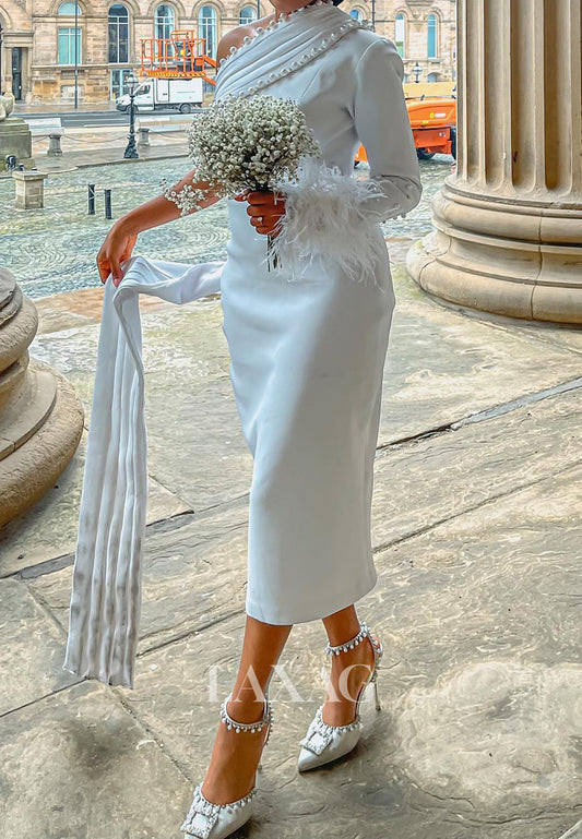 Asymmetrical-Neck One-Long-Sleeves Beaded Satin Pleated Tea-Length Mermaid Wedding Dress